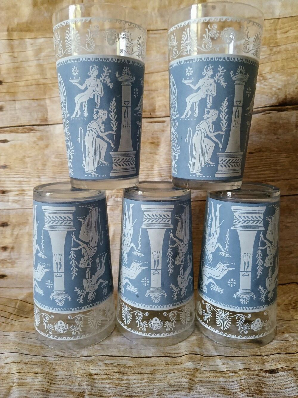 Jeannette Glass Corinthian Blue 5 Tumblers Flat 5" h 8 oz Greek Figures